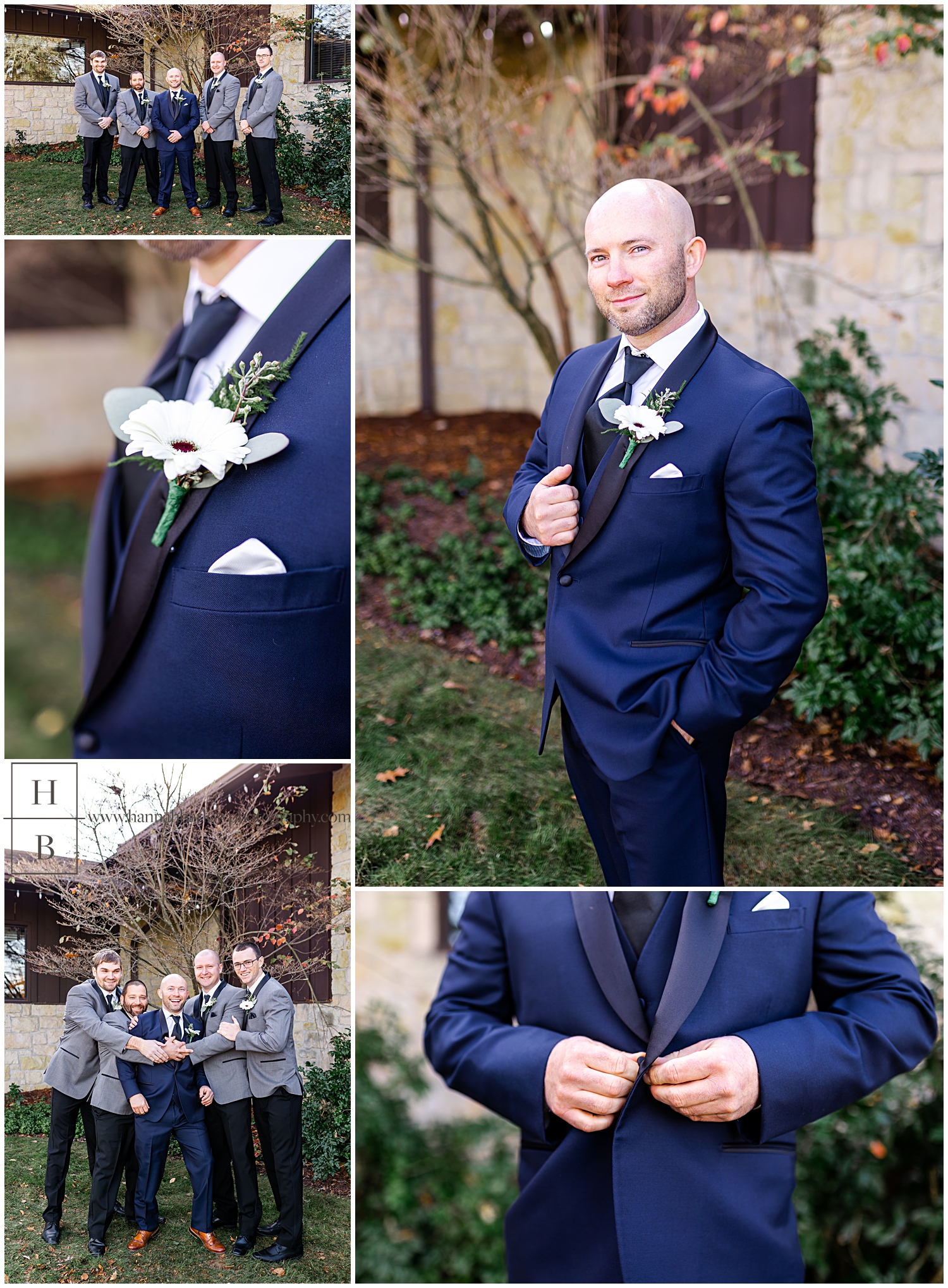 Groom in navy tux poses with groomsmen in grey jackets and black pants.