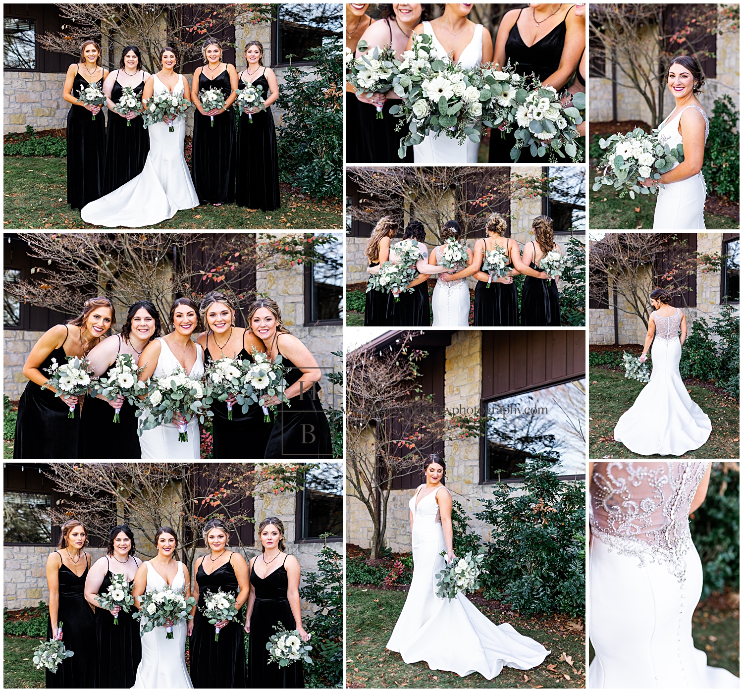 Women in black velvet dresses pose with bride for wedding photos.