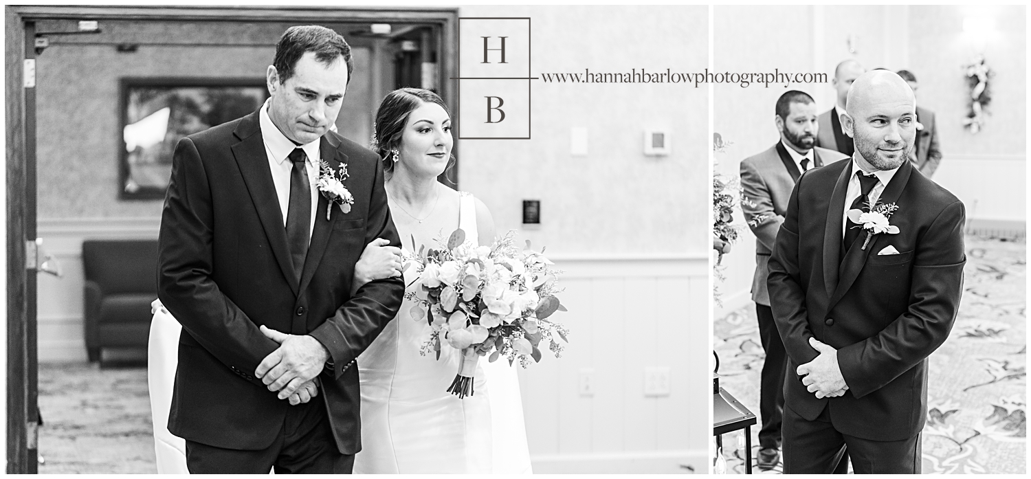 Black and white collage of groom seeing bride for the first time walking down aisle