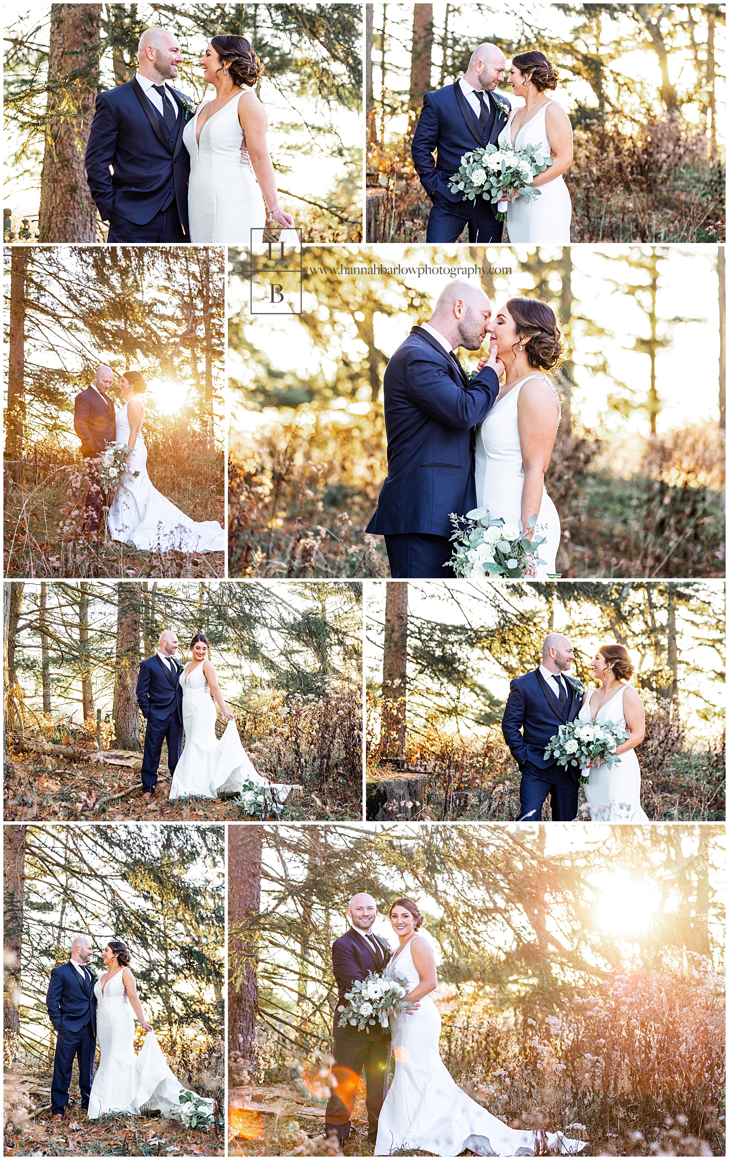 Groom in navy tux embraces wife for wedding photos with warm sunlight behind.