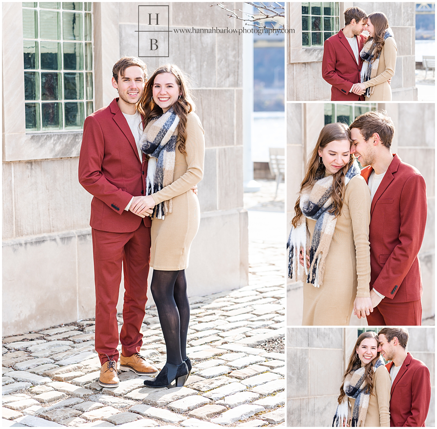 Man in red suit standing with fiance by stone wall.