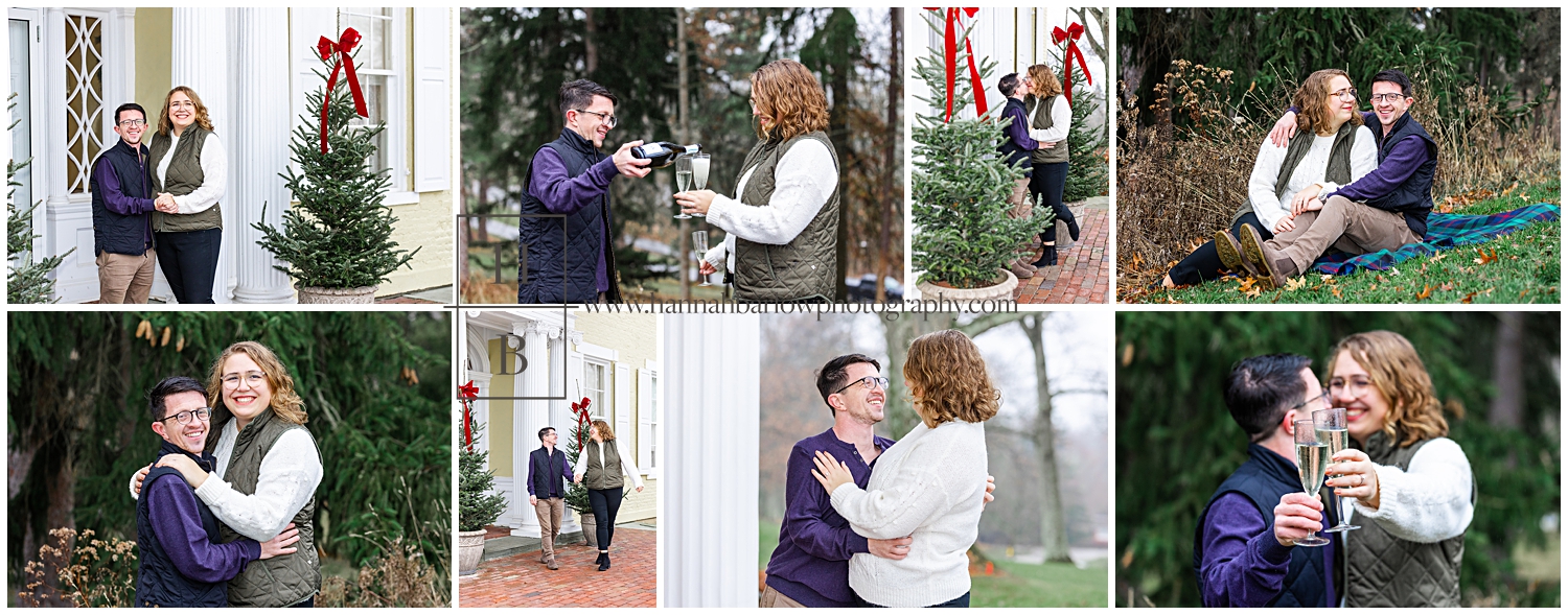 Collage of couple posing for engagement photos by pine trees