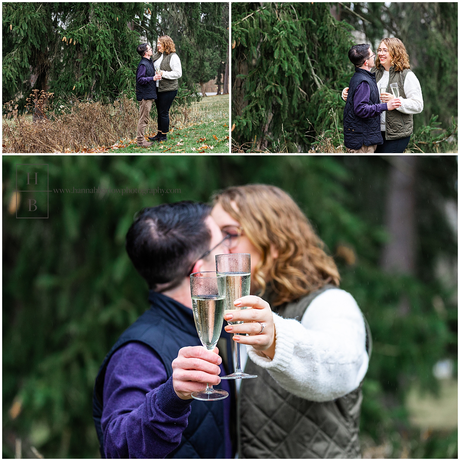 Couple kisses behind pine tree