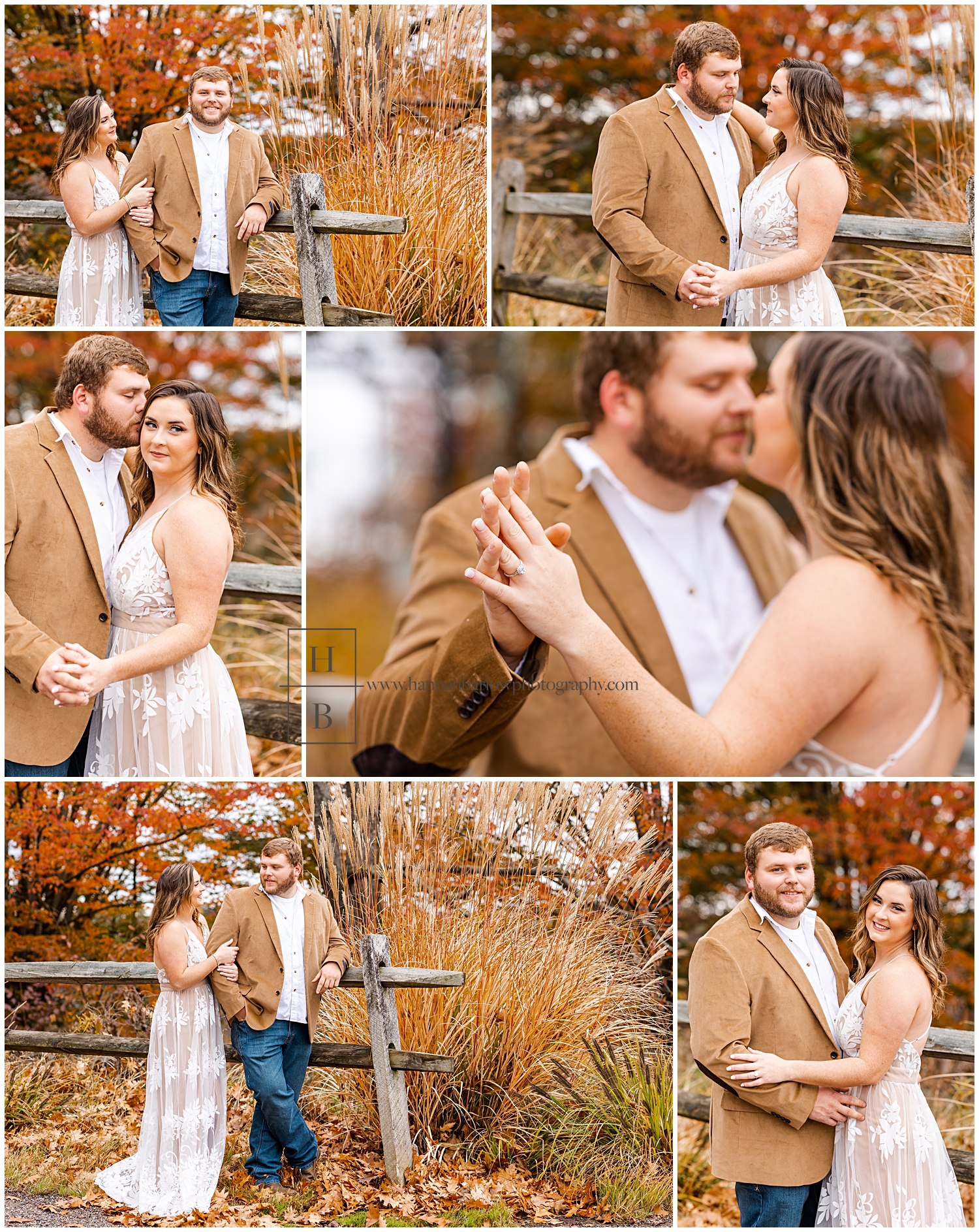Collage of Couple Posing for Fall Foliage Engagement Photos
