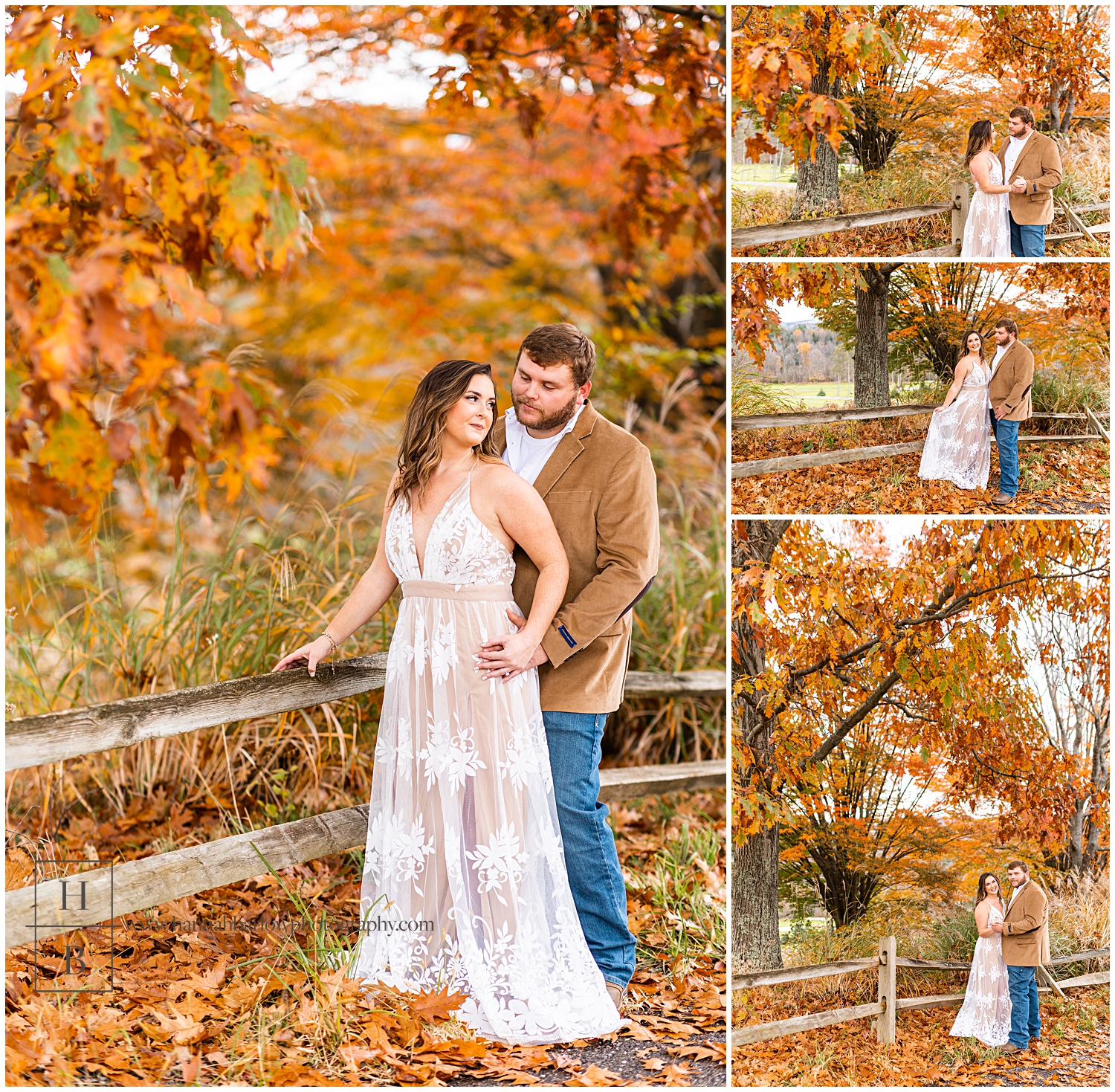 Couple Standing by Fence Posing for Photos with Orange Trees