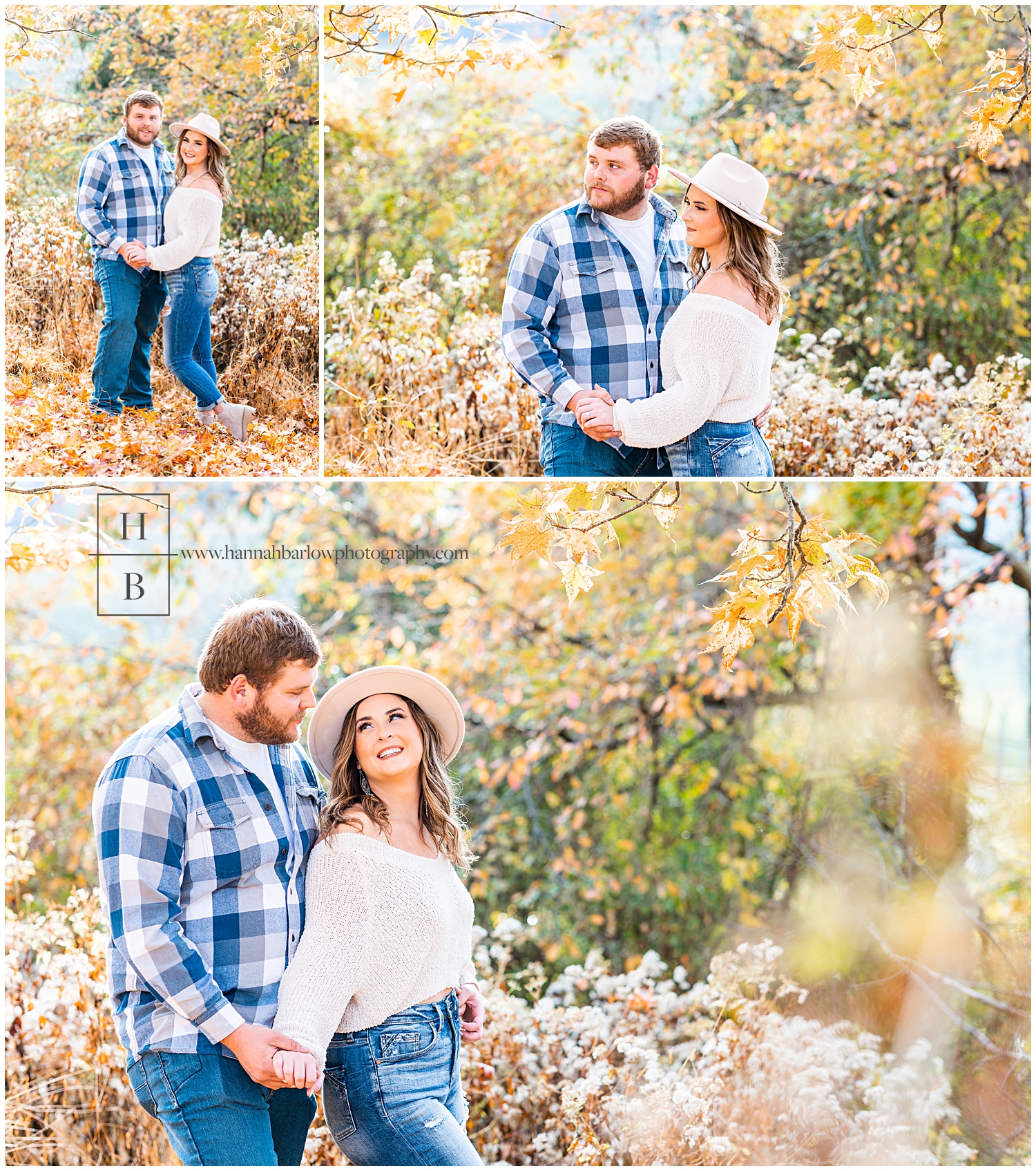 Future wedding couple poses for engagement photos in sunny fall foliage