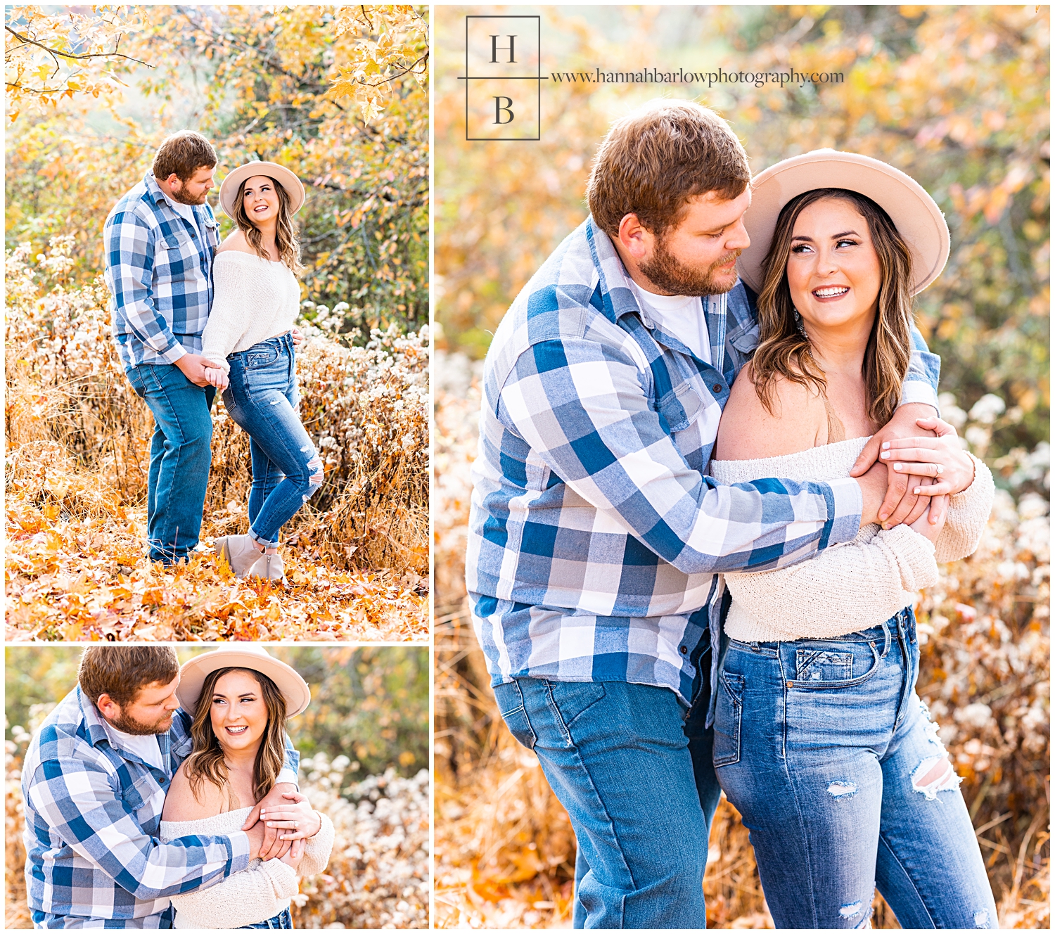 Man embraces future wife in fall foliage field