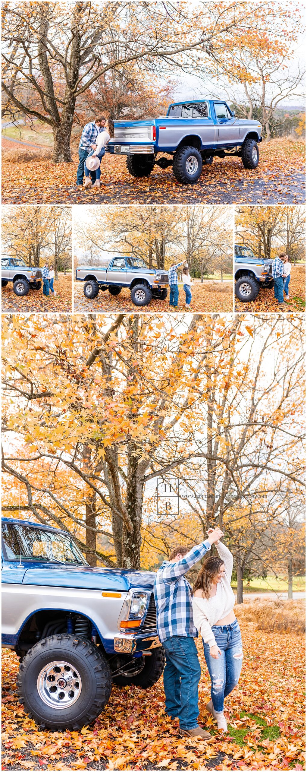 Couple poses by old restored truck for engagement photos