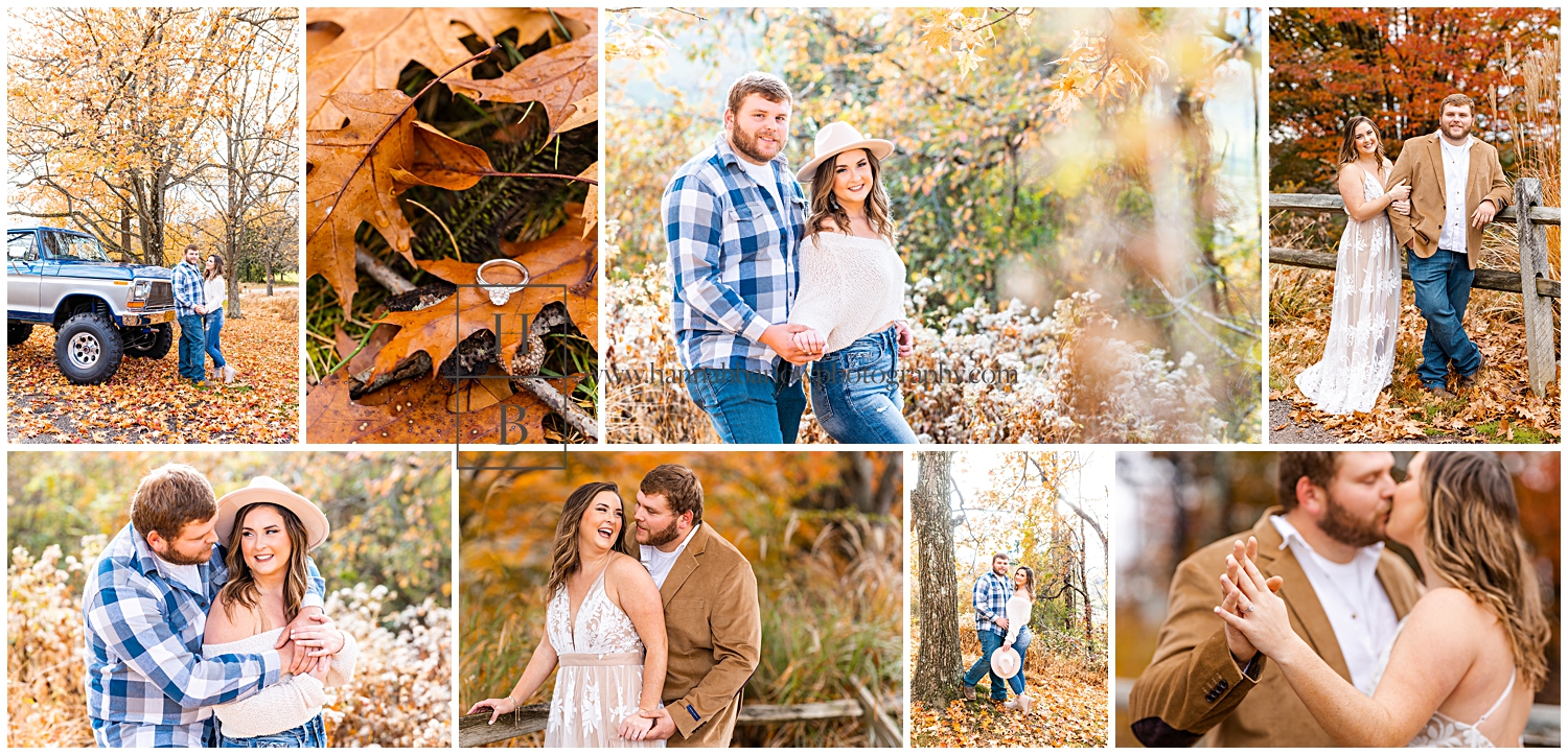 Collage of couple posing for fall engagement photos