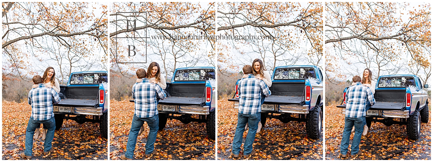 Man lifts future wife onto truck tailgate and she laughs