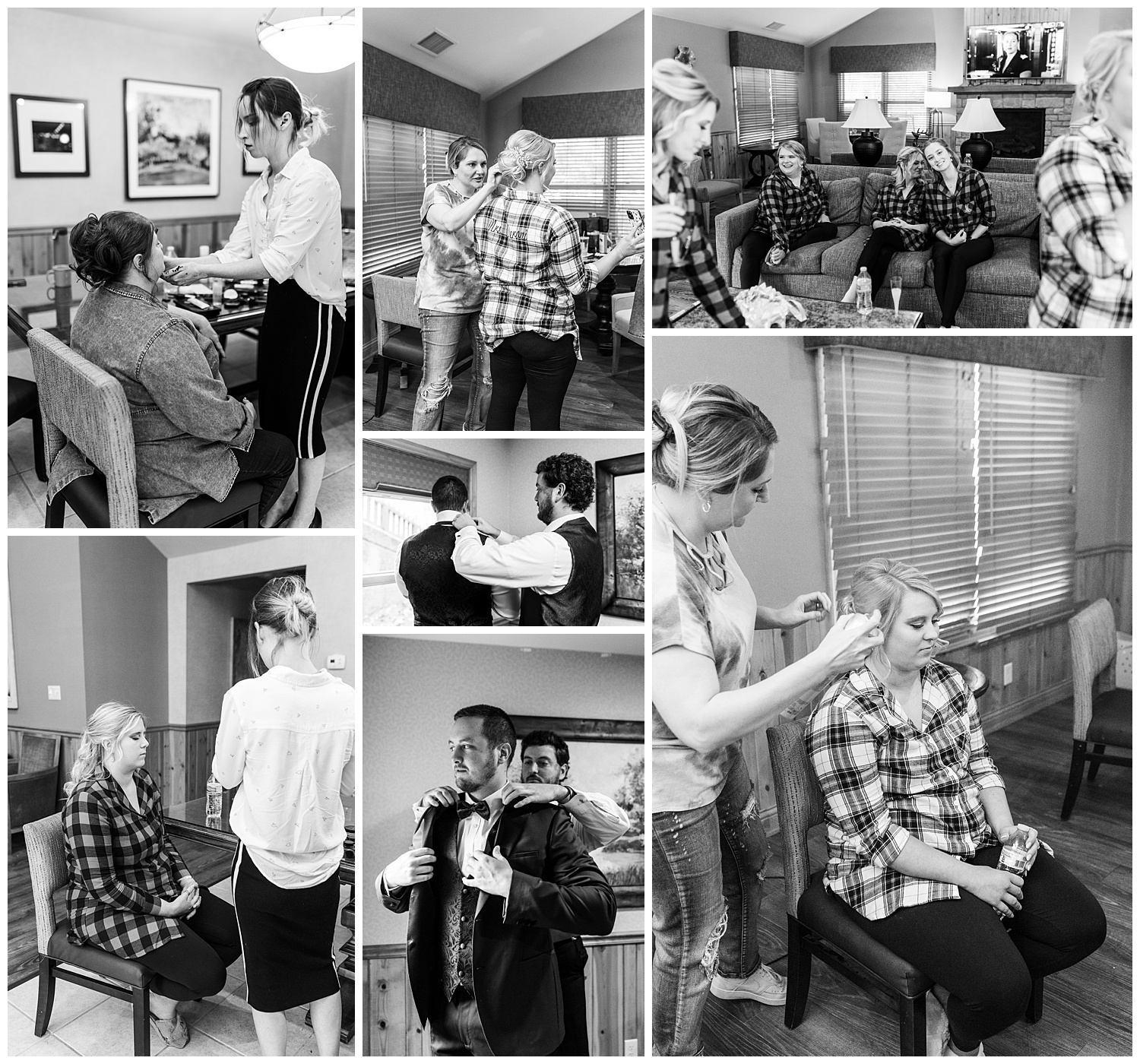 Black and white photos of wedding party getting ready in Oglebay cabins