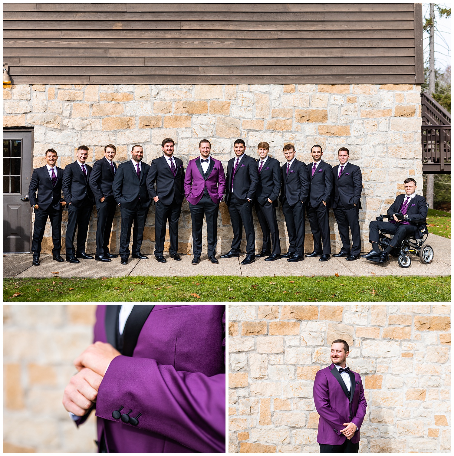 Groom in purple tux jacket posing with groomsmen