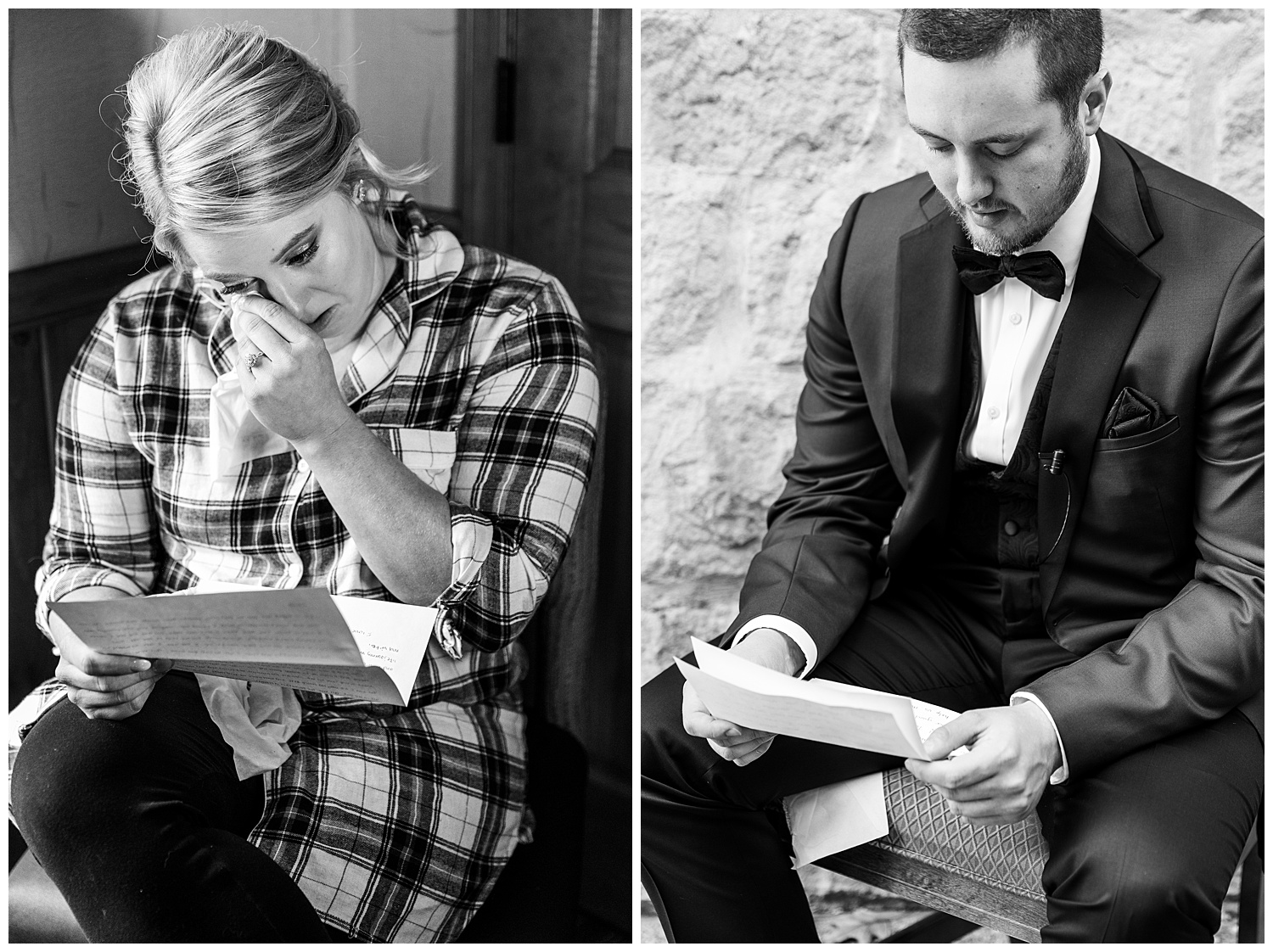 Black and white photo collage of bride and groom reading letters to one another