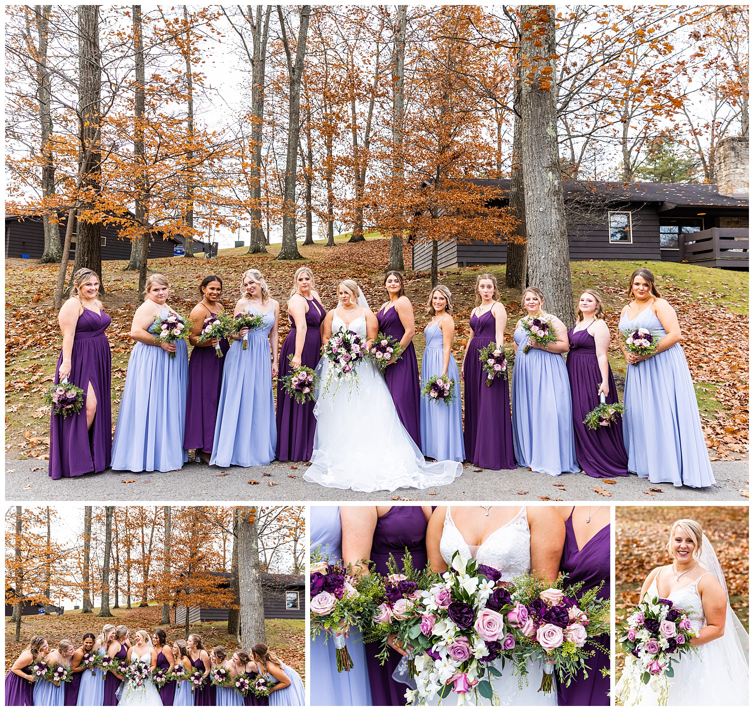 Bridesmaids in eggplant and periwinkle dresses posing with bride