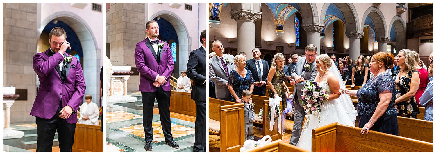Groom in purple tux jacket sees bride coming down aisle