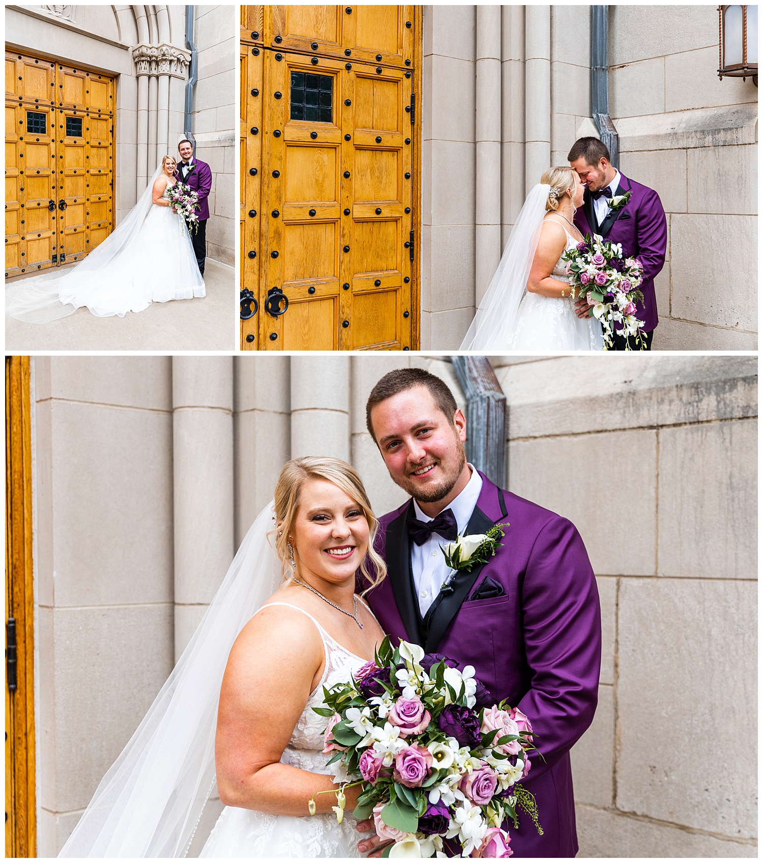 Groom in purple tux jacket poses with bride
