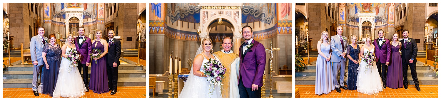 Bride and groom pose in from of elegant church for family photos