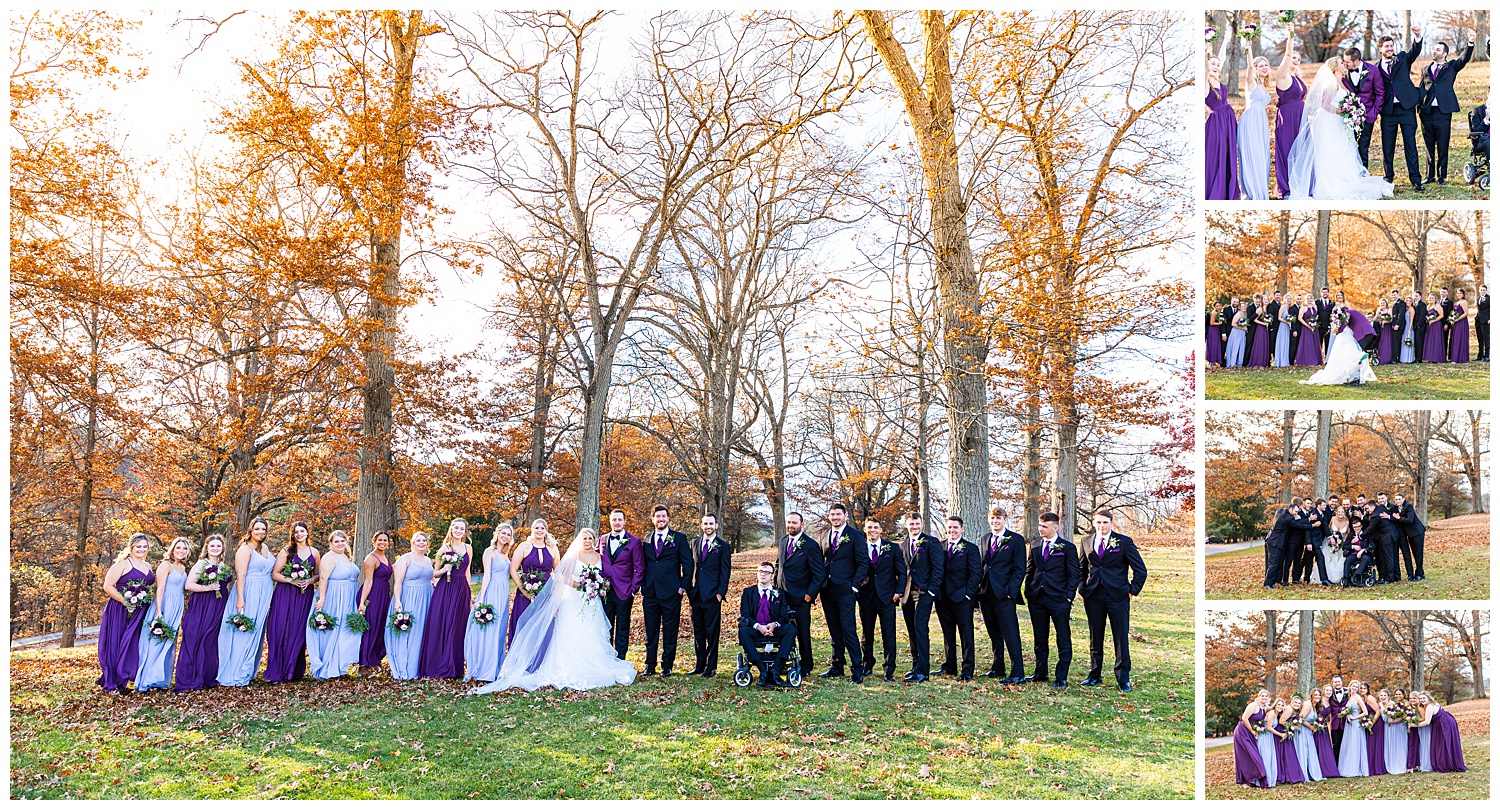 Bridal party in purple attire pose by fall trees