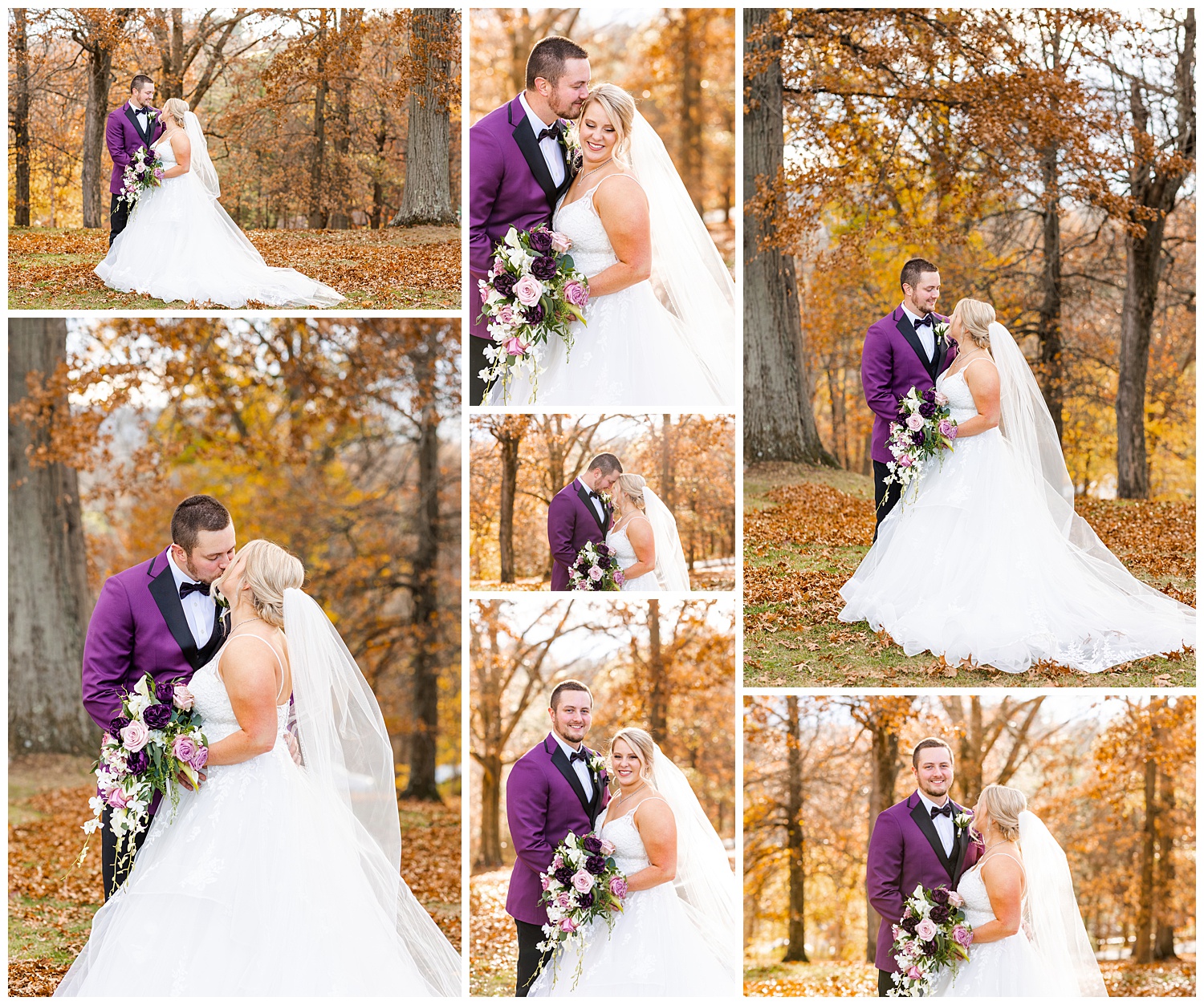 Groom in purple tux jacket poses with wife in fall foliage