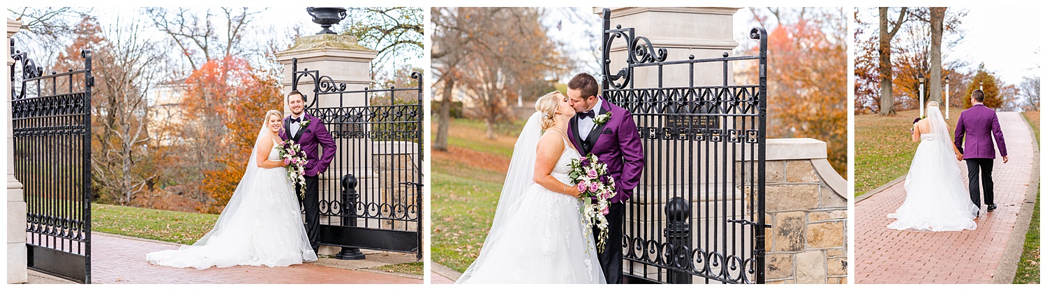 Bride and Groom pose for fall wedding photos by Oglebay Iron Gate3s