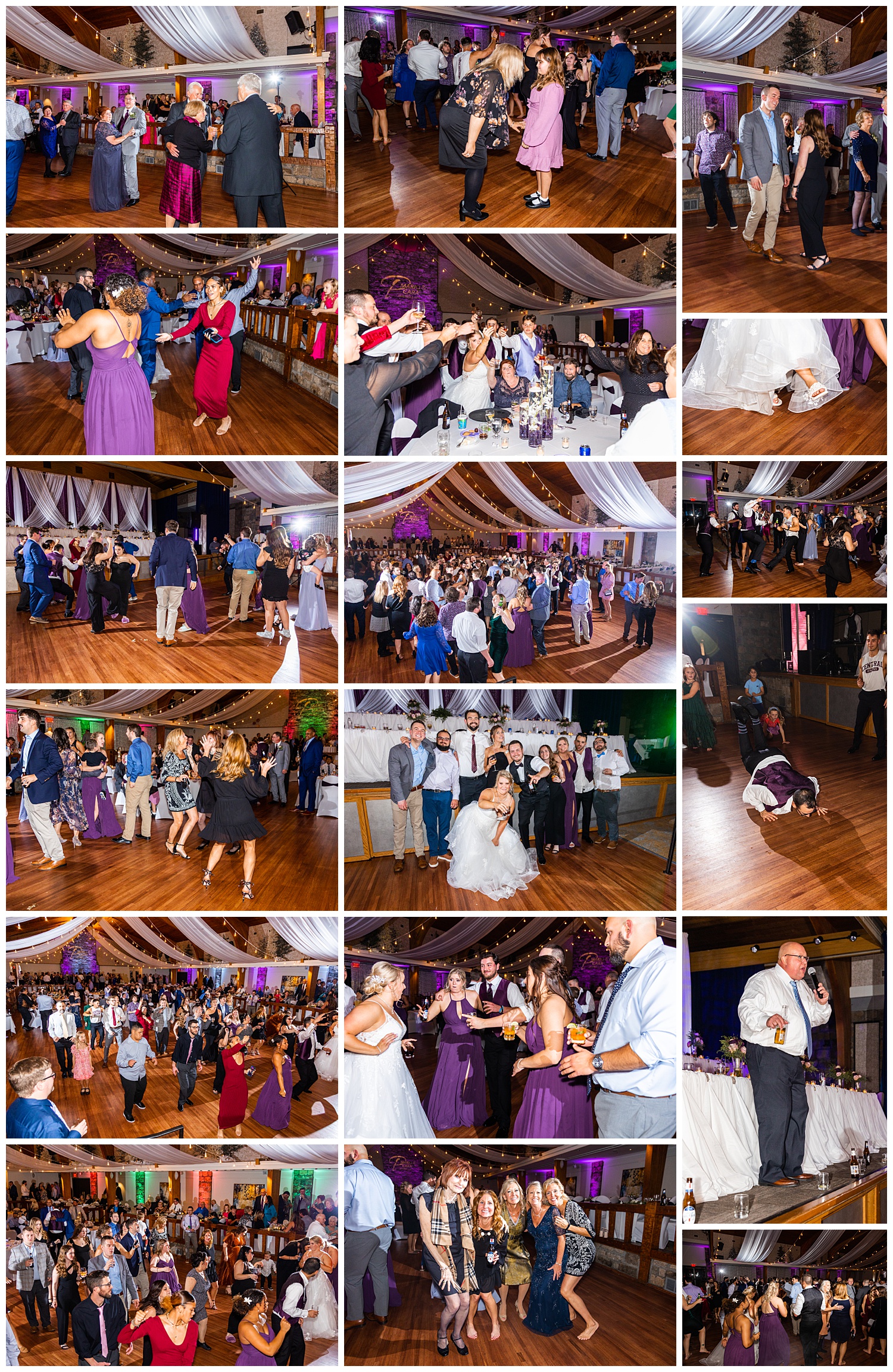 Glessner Auditorium wedding reception dancing collage