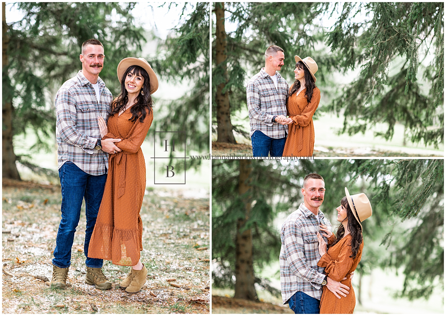 Lady in orange dress poses with fiance in pine forest.