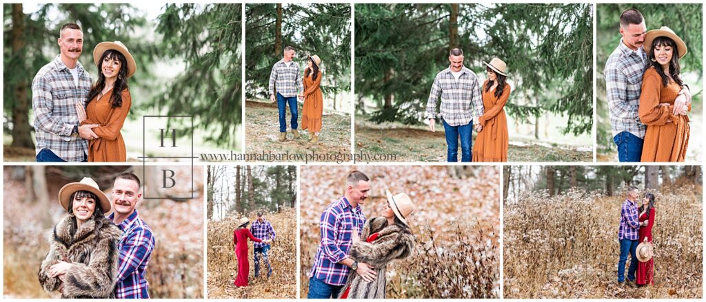 Collage of couple's summer looking engagement photos and holiday themed engagement photos.