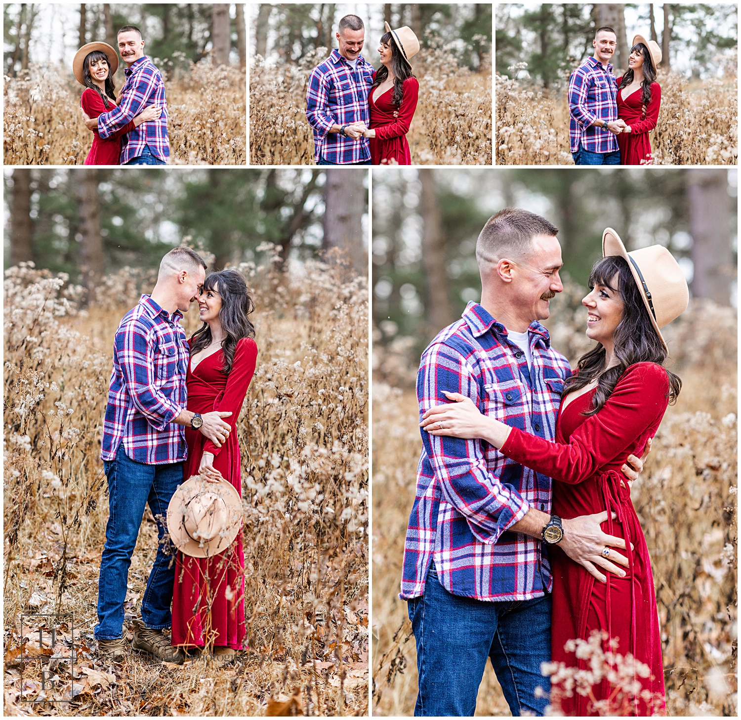 Women in red dress and man in blue flannel pose for holiday engagement photos.