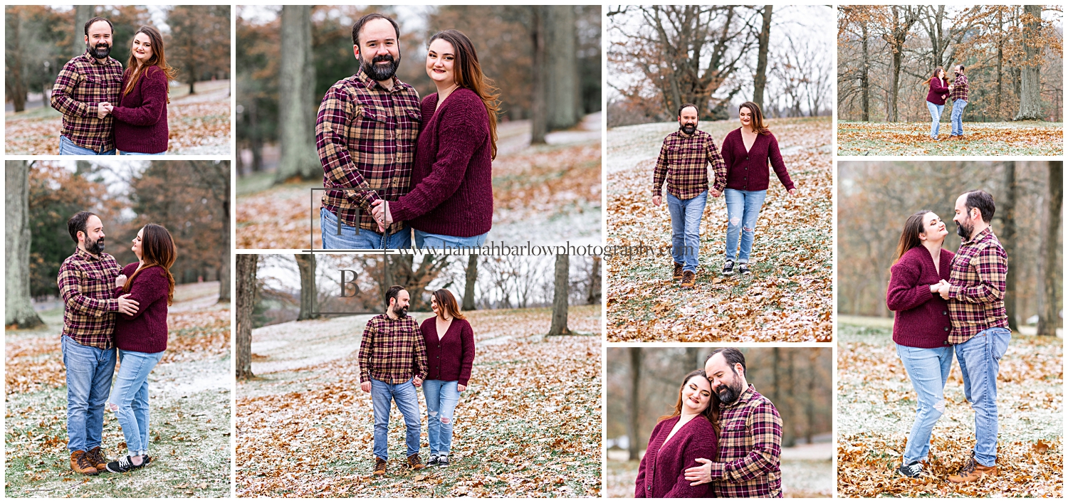 Collage of Couple in Burgundy Attire Posing for Engagement Photos