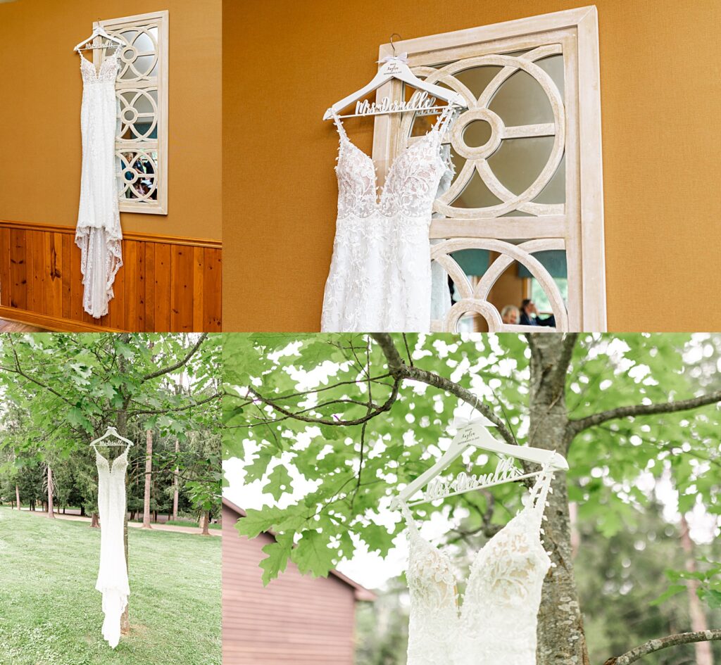 Bride's gown hanging on orange wall and green tree