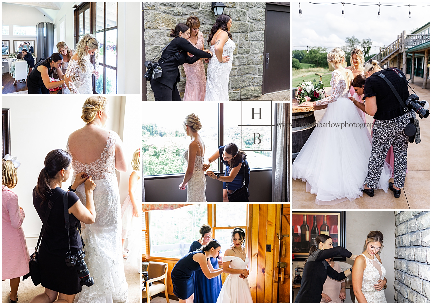 Collage of wedding photographer helping brides with dresses