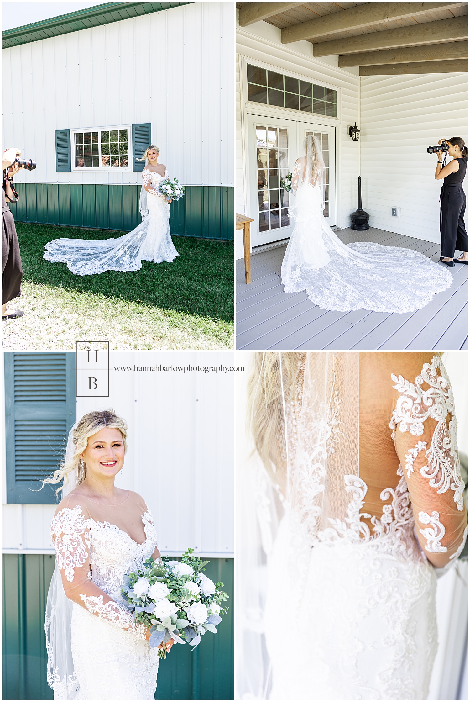 Wedding photographer takes photos of bride by white barn wall