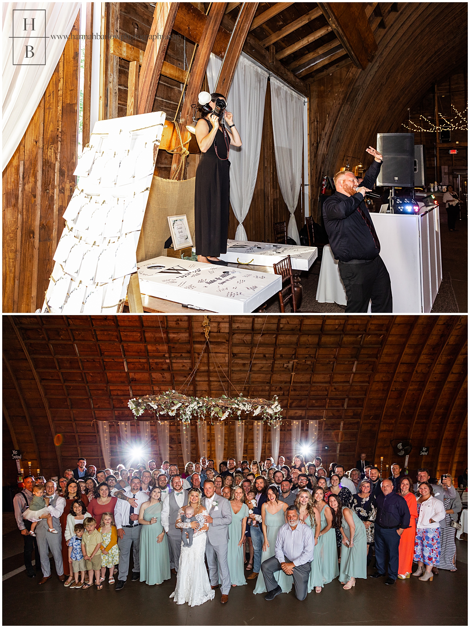 Wedding photographer stands on table to take large group shot