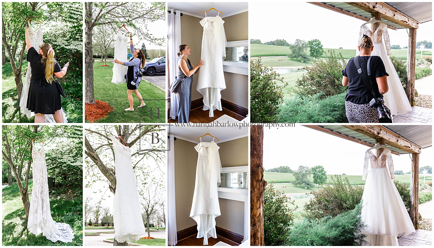 Wedding assistants hang dresses on trees and walls for photo.