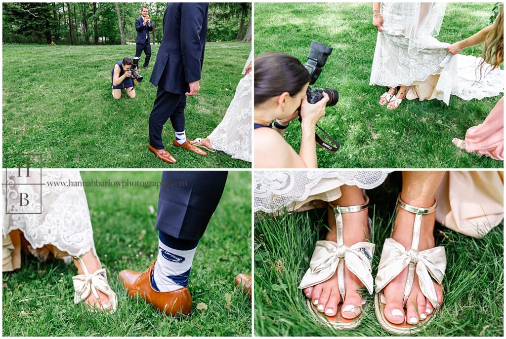 Wedding photographer takes photo of bride and groom's shoes