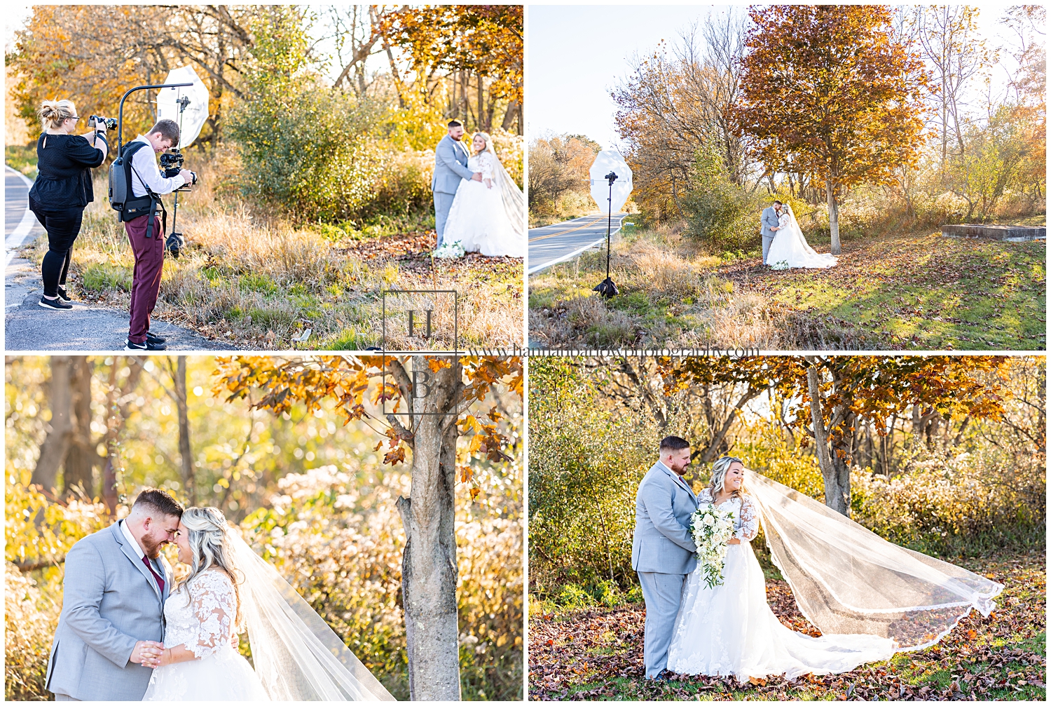 Wedding photographer takes fall wedding photos of couple by the side of a road
