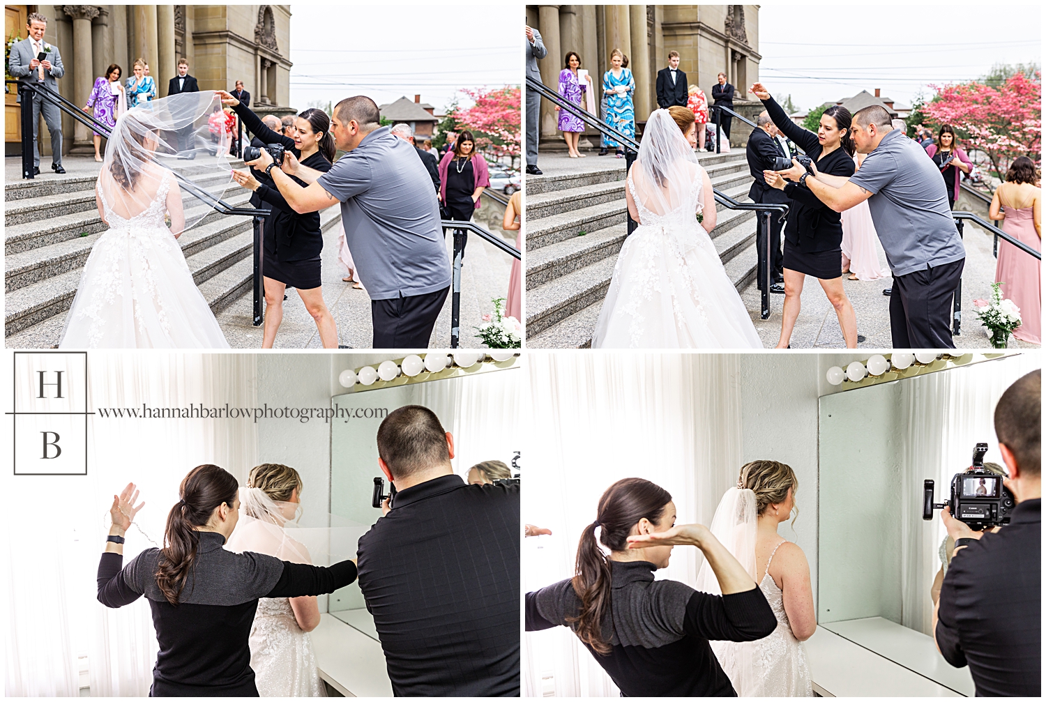 Wedding photographer helps wedding videographer with veil
