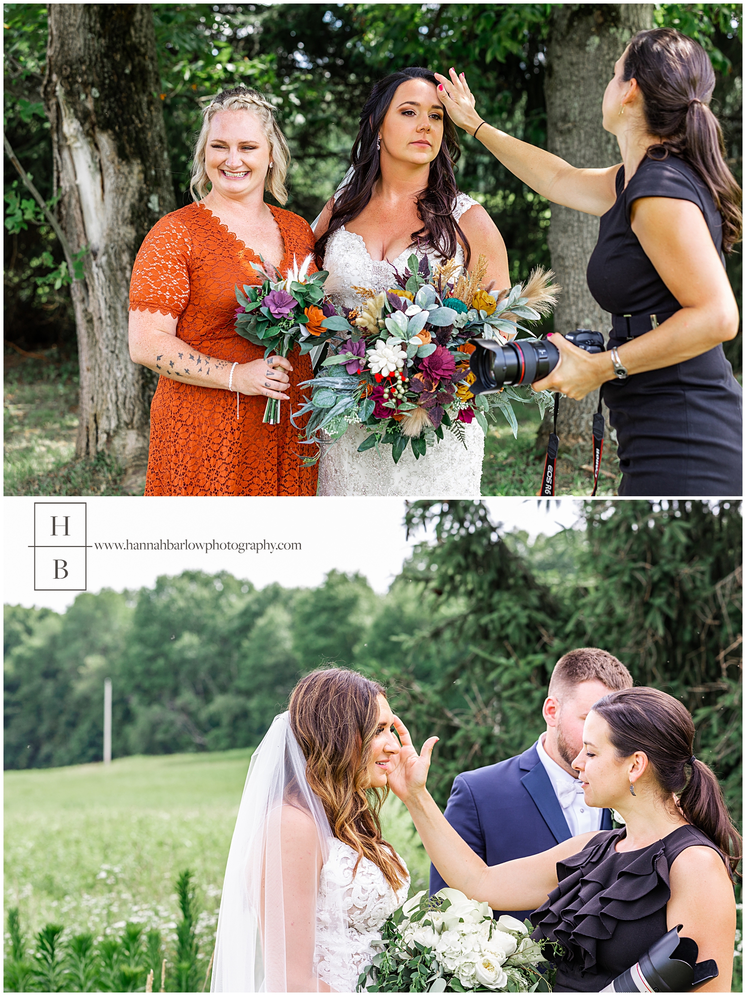 Wedding photographer fixes hair of brides