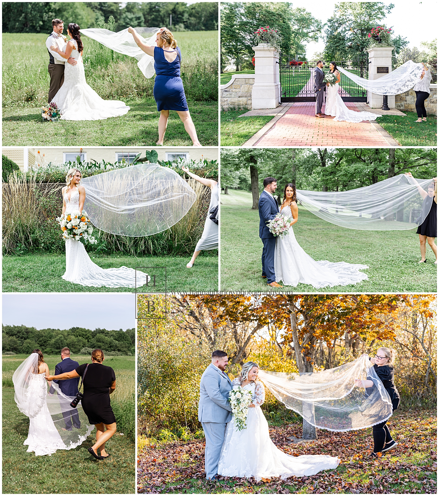 Wedding photographers throw veils in collage of wedding photos
