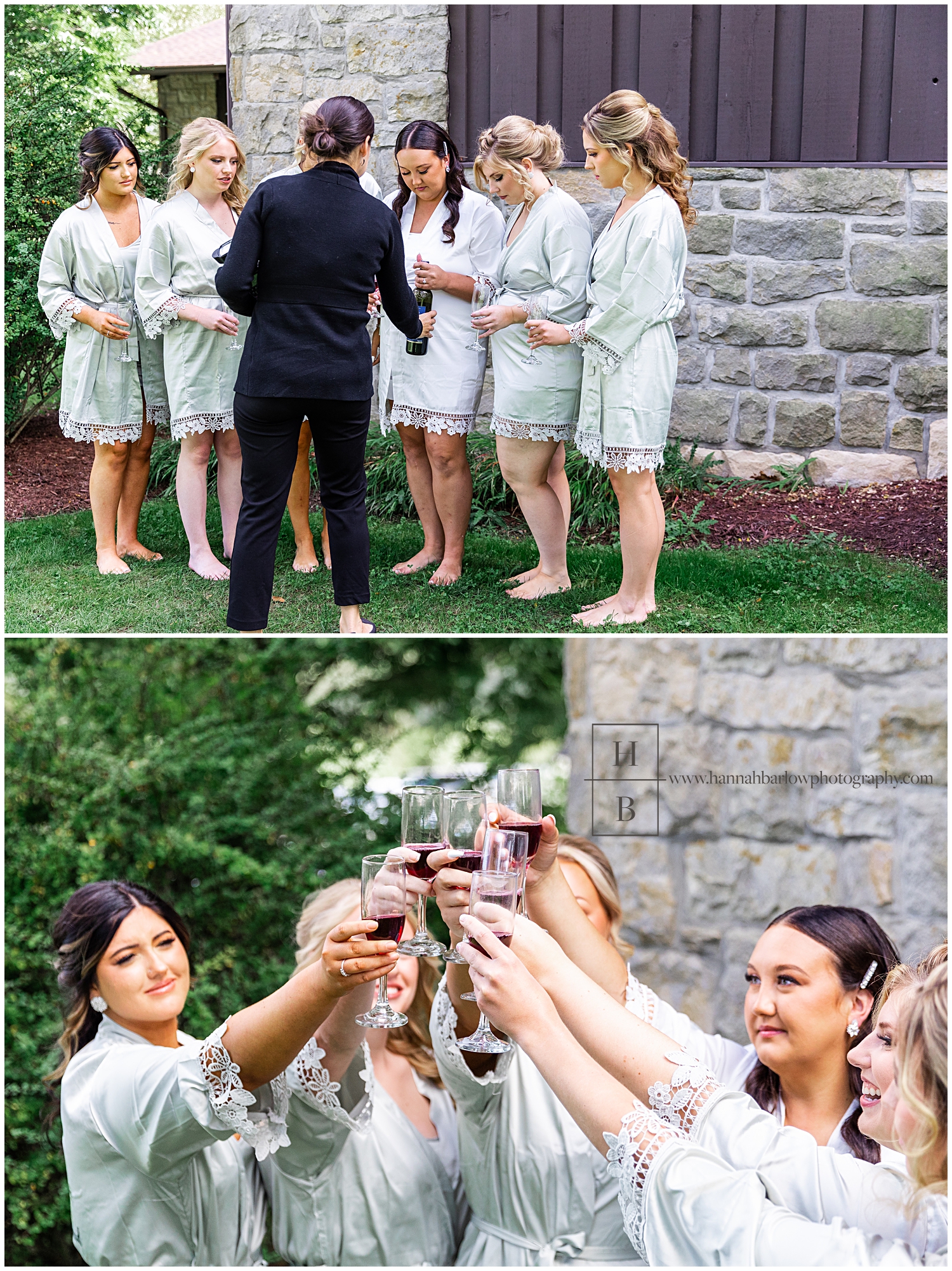 Wedding photographer positions ladies in bridal party for champagne photo