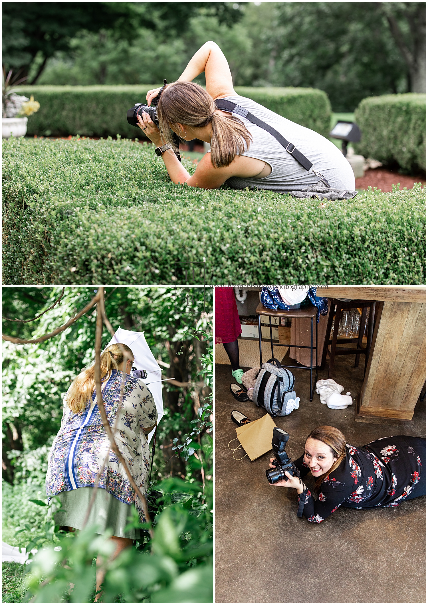 Wedding photographers lay on ground and in bushes to take photos