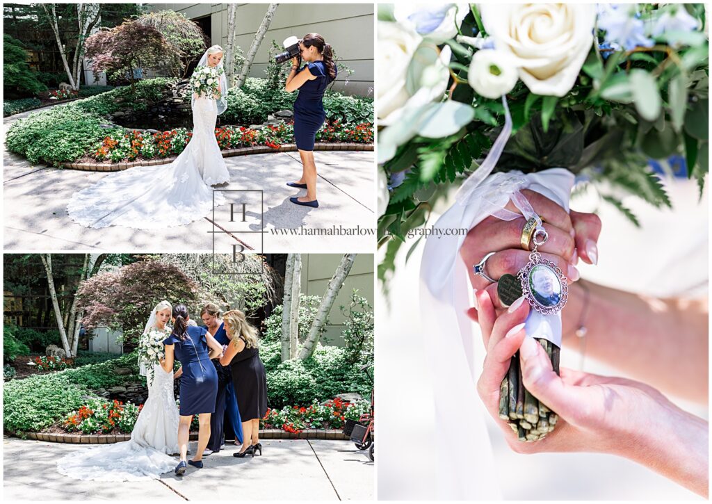 Wedding photographer takes photo of father of the bride's photo on bouquet