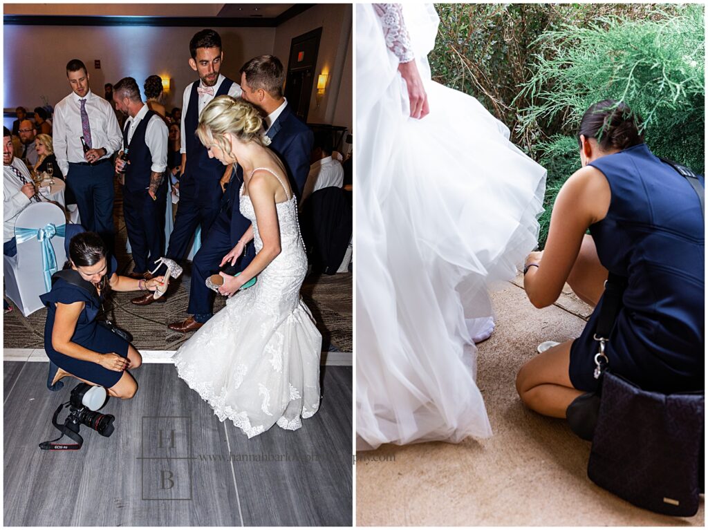 Wedding photographer helps bride's take off shoes