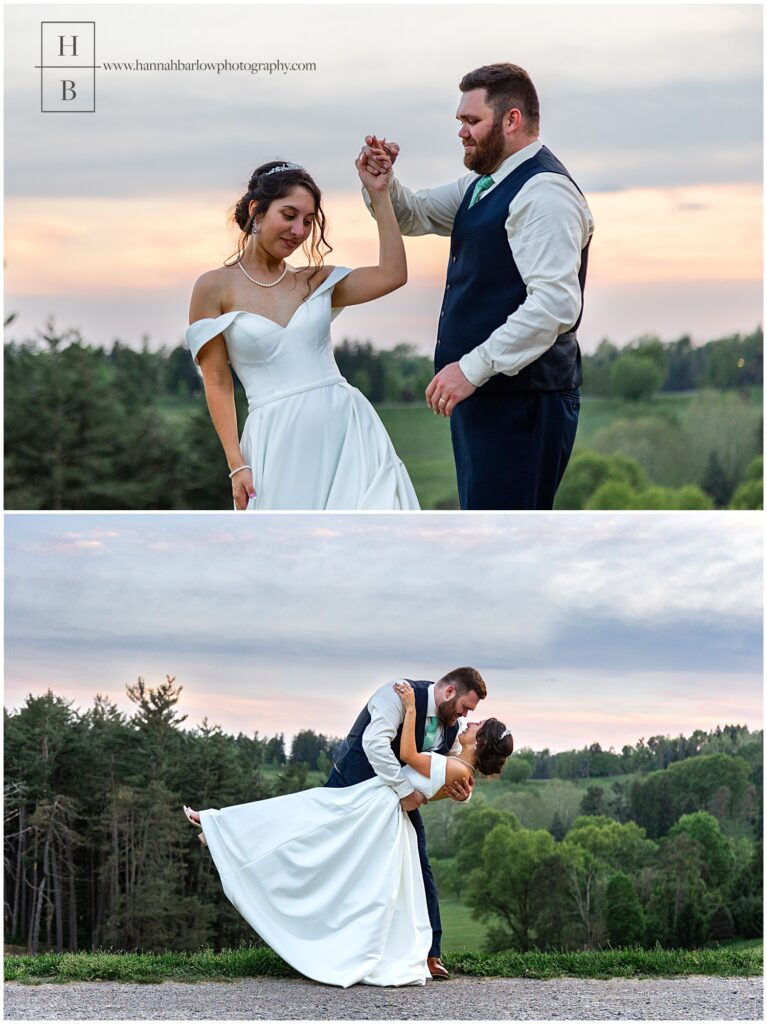 Sunset photos of wedding couple dancing