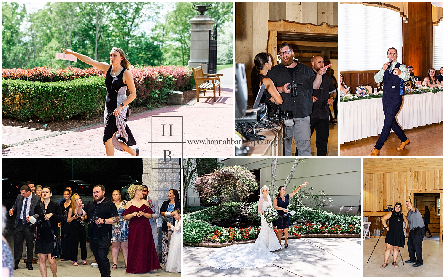 Wedding vendors point in collage directly guests.
