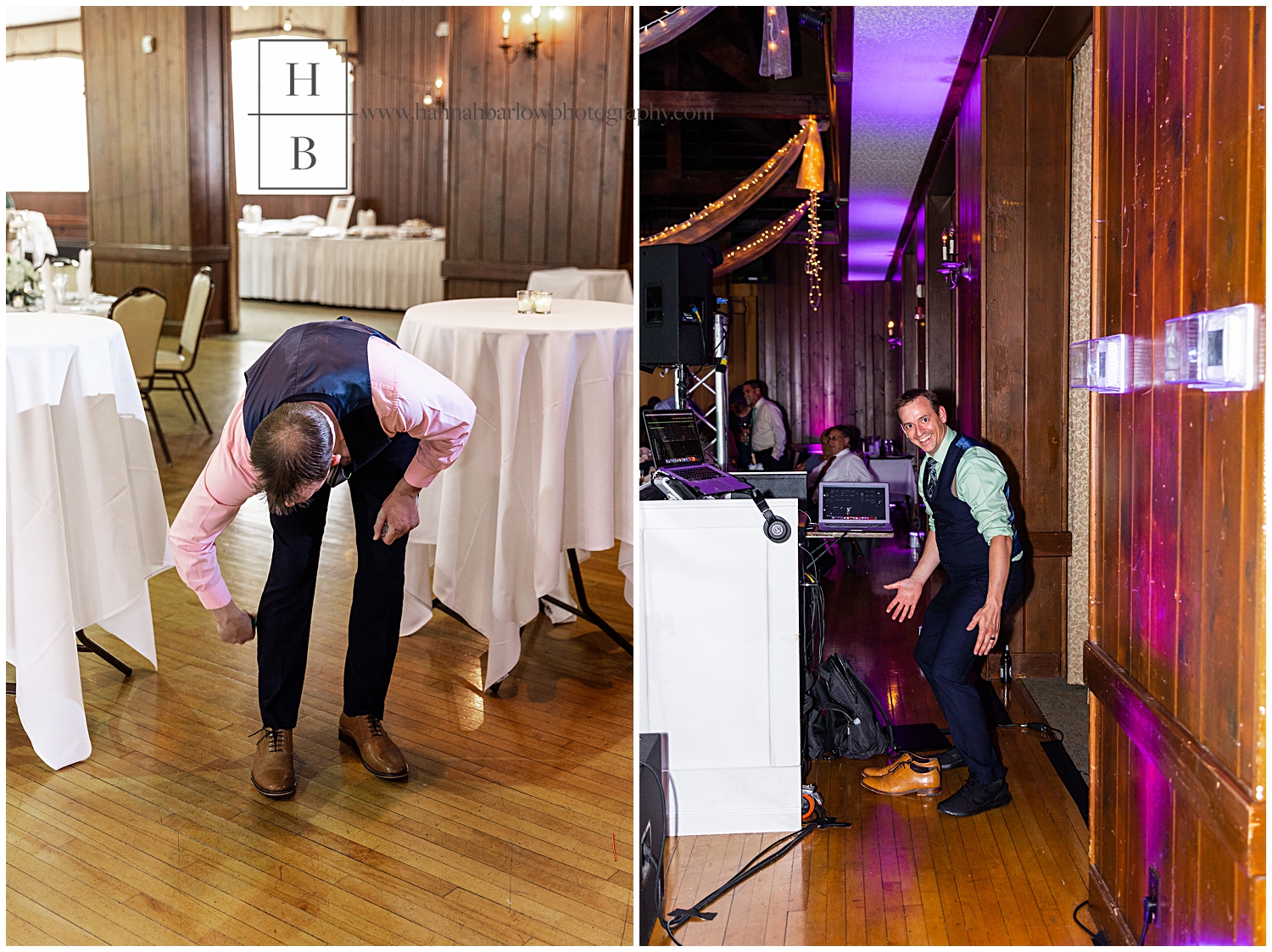 Wedding DJ changes shoes and uses lint roller.