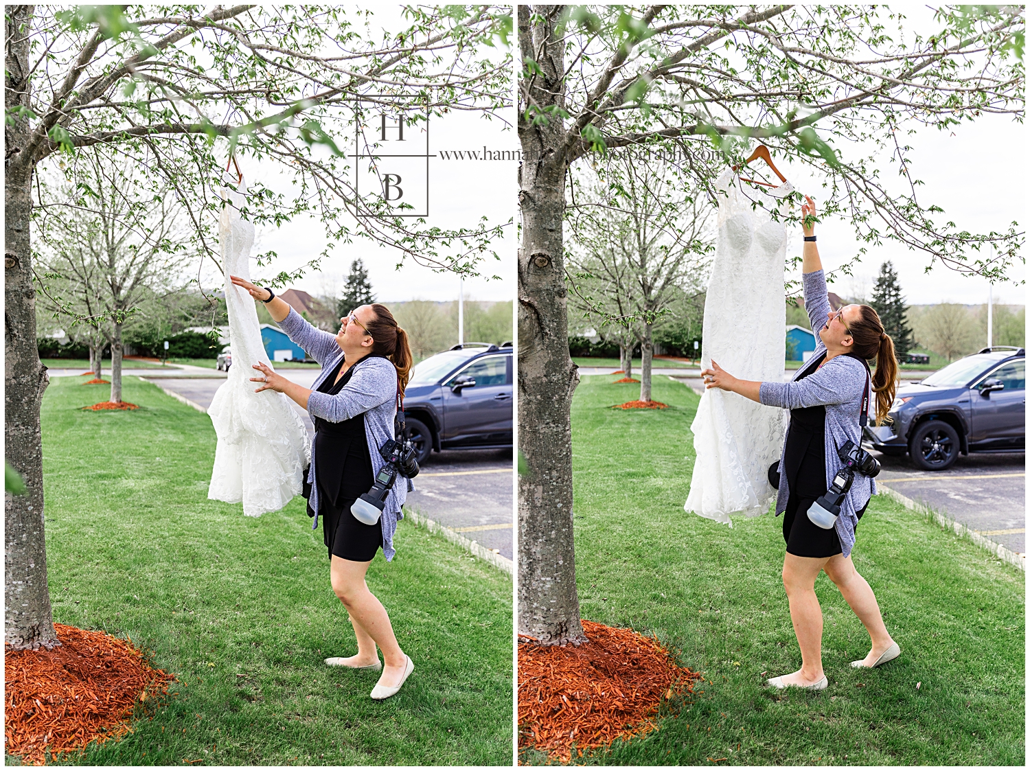 Wedding photographer hands dress in tree on windy day.