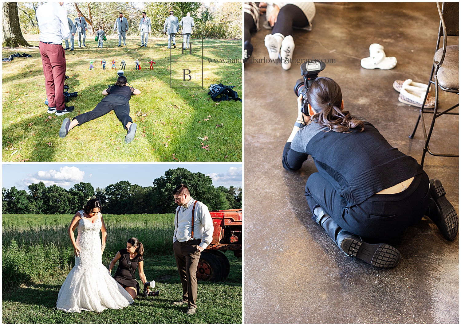 Wedding photographer lays on group for wedding photos.