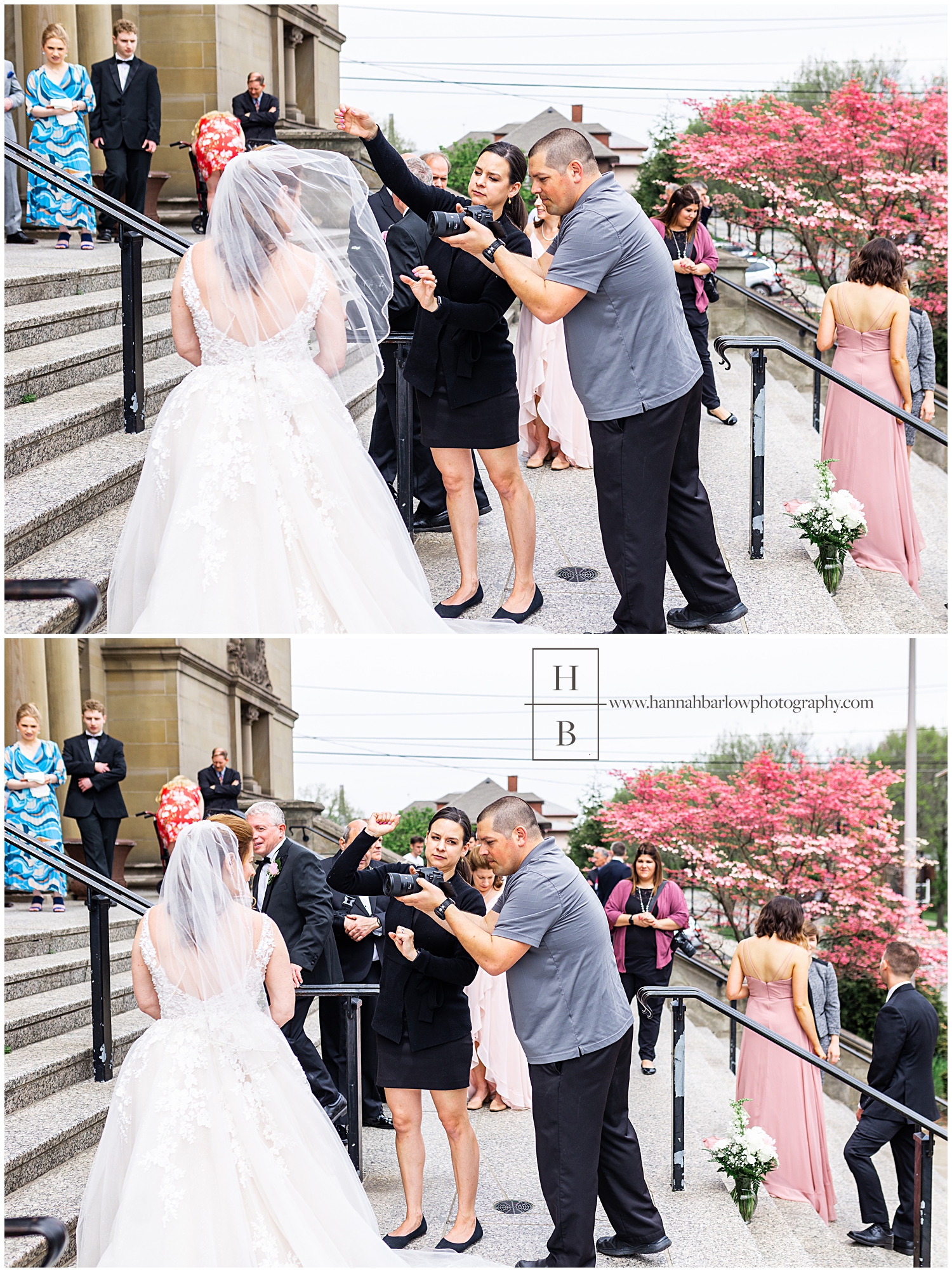 Wedding photographer and videographer work together to take wedding photos.