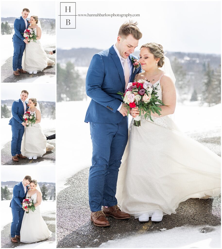 Groom makes funny faces during cold wedding photos.